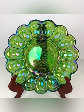 Indiana Glass Iridescent Green Carnival Hobnail Thousand Eye Egg Plate Vtg 11”
